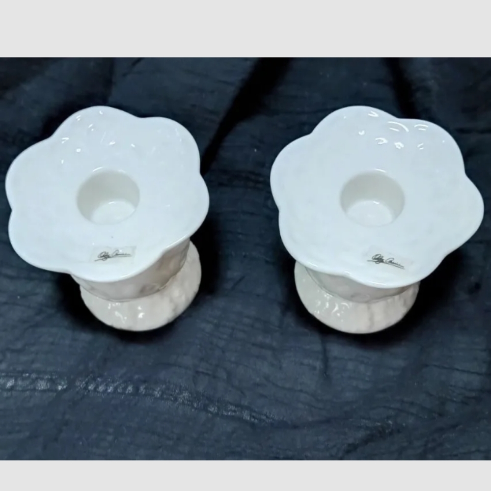 Oleg Cassini Signed White Ceramic Candle Holders Lattice n Floral VTG 3x3